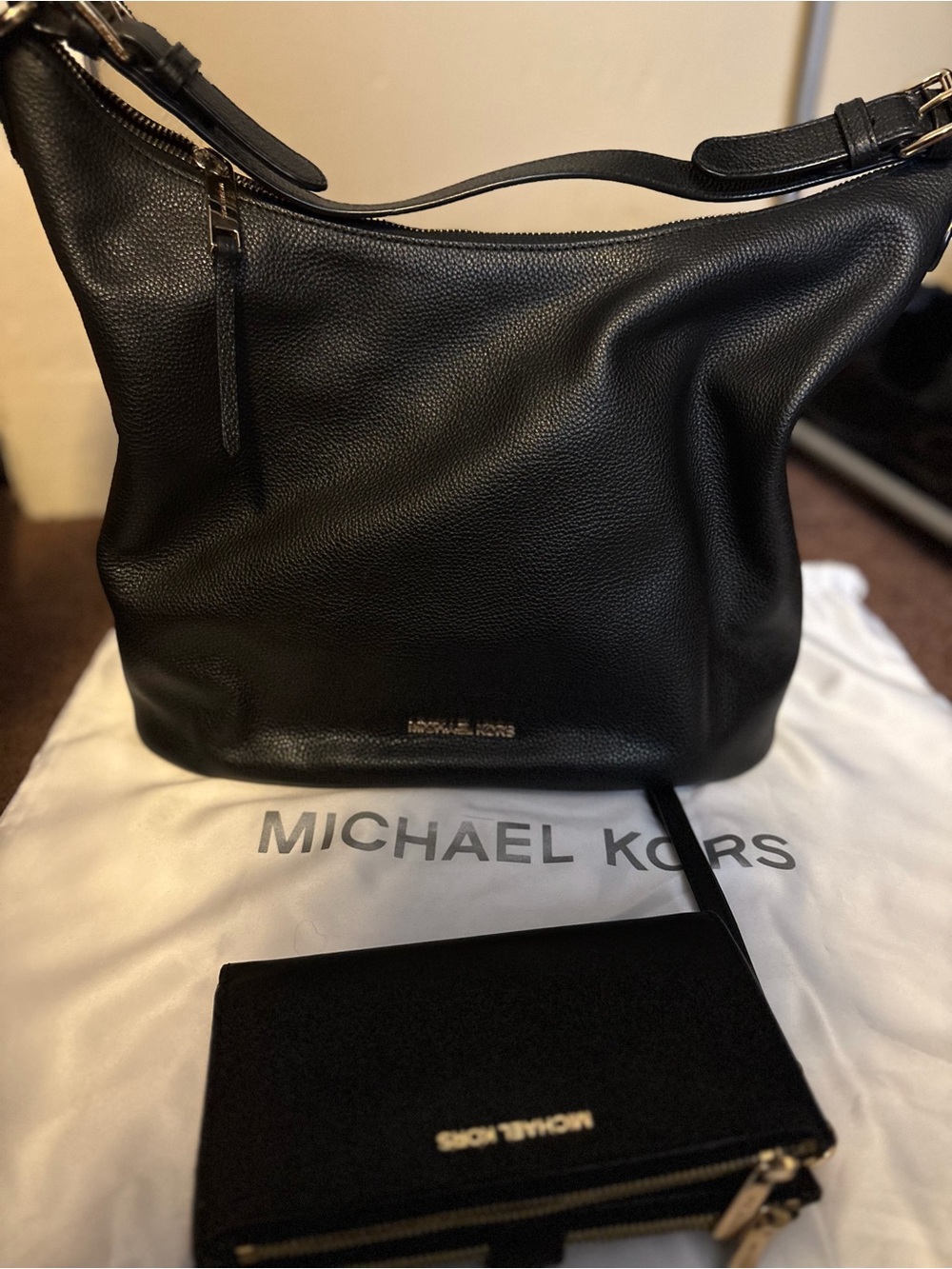 Michael Kors Black Pebbled Leather Shoulder Hobo with Gold Hardware